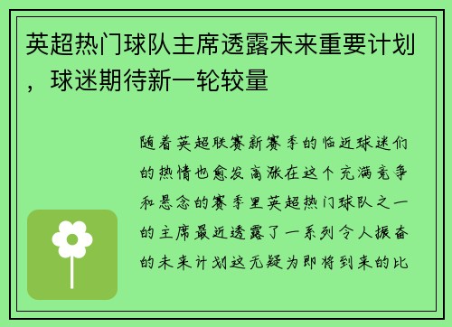 英超热门球队主席透露未来重要计划，球迷期待新一轮较量